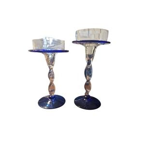 Blue‎ Glass Candle Holders Set of 2 Elegant Swirl Design Home Decor